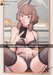 1girls akapoera digital_drawing_(artwork) digital_media_(artwork) female female_focus female_only lingerie louka_(akapoera) mirror mirror_reflection mirror_selfie nipples_visible_through_bra phone text text_box texting twitter_username watermark