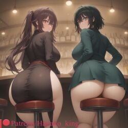 2girls ai_generated ass ass_focus bangs bar_(place) black_clothes black_dress black_hair black_skirt blush bottle breasts brown_hair ceiling_light closed_mouth clothing counter dress feet_out_of_frame female female_only from_behind fubuki_(one-punch_man) genshin_impact green_dress green_eyes hair_between_eyes hanako_king hu_tao_(genshin_impact) huge_ass indoors jacket large_ass large_breasts legwear long_hair long_sleeves looking_at_viewer looking_back miniskirt multiple_girls one-punch_man parted_lips ponytail red_eyes shirt short_hair siblings sidelocks sisters sitting skirt smile standing stool symbol-shaped_pupils taut_clothes taut_dress thick_thighs thighs tied_hair twintails underbutt uniform very_long_hair wide_hips window