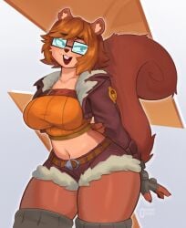 absolute_territory alternate_species anthro big_breasts bottomwear breasts brown_body brown_fur buckteeth clothing cosplay cropped_jacket crossover crossover_cosplay denim denim_bottomwear denim_clothing denim_shorts eyewear female fluffy fluffy_tail fur furrification glasses hair hanna-barbera hi_res legwear mammal marvel midriff open_mouth orange_clothing orange_hair orange_sweater orange_topwear rectangular_glasses rodent sciurid scooby-doo_(series) shorts smile solo squirrel_girl_(marvel) squirrel_girl_(marvel_rivals) sweater tail teeth thick_thighs thigh_highs topwear tree_squirrel ttothep_arts velma_dinkley