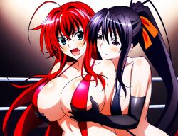 2girls ahoge ai_generated akeno_himejima antenna_hair big_breasts black_hair blush breasts_grab breasts_grabbed_from_behind breasts_pressed_against_partner couple crimson_hair curvy female_only fighting_ring hair_ribbon high_school_dxd lesbian light_skin moaning open_mouth orange_ribbon ponytail rias_gremory sky_blue_eyes smile very_long_hair violet_eyes voluptuous yuri