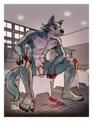 2025 anthro arkitect_haizara armpit_tuft balls bath bathhouse beastars blood blood_on_hand blood_splatter bodily_fluids canid canine canis claws colored digital_drawing_(artwork) digital_media_(artwork) finger_claws foreskin fur genitals gore grey_body grey_fur hi_res humanoid_genitalia inner_ear_fluff legoshi_(beastars) male mammal muscular muscular_anthro muscular_male nude pawpads penis portrait shaded signature solo tail toe_claws tuft urethra wet wet_body wet_fur wolf