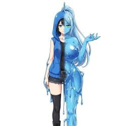 2girls ai_generated black_boots black_hair black_legwear black_shirt blue_eyes blue_hair blue_hoodie cleavage fusion green_eyes hair human_female large_breasts long medium_breasts nude ponytail short_hair sleeveless_shirt slime slime_girl transformation transformation_sequence