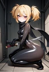 ai_generated akumai beauty_mark big_ass blonde_hair bottom_heavy flat_chest hair_bun huge_ass looking_at_viewer mascara messy_hair ninja oc on_knees petite pout red_eyes shortstack twintails upset