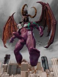 city city_destruction cock destruction dick erection giant giant_male green_eyes illidan_stormrage macro macrophilia male male_only naked nude nude_male purple_body raised_foot solo solo_male stomping wings