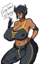 1futa big_breasts black_hair breasts bulge bulge_down_leg bulge_through_clothing cleavage dark-skinned_futanari dark_skin duo_kawa erect_nipples_under_clothes erection futanari horns huge_breasts huge_cock short_hair solo yellow_eyes