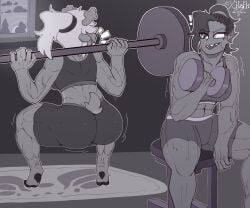 2girls anthro antler antlers ass bench bench_press big_ass breasts deltarune fat_ass female female_anthro female_focus female_only fish fish_girl furry grey_background gym gym_uniform hi_res highres hooves hooves_and_horns horns horns_and_hooves inside muscles muscular muscular_anthro muscular_arms muscular_back muscular_female muscular_legs muscular_thighs noelle_holiday ponytail reindeer reindeer_antlers scalie signature sports_bra sports_uniform sportswear spots squat squatting suggestive sunset tree undertale undyne weight_bench weightlifting weights window workout workout_clothes zytkal