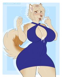 4:5 ahe_gao akita akita_inu anthro balls big_breasts blue_clothing blush bodily_fluids breasts canid canine canis cleavage_cutout clothed clothing corbin cum cum_between_breasts domestic_dog dress erect_nipples erection erection_under_clothing fur futanari genital_fluids genitals gynomorph intersex kitsunewaffles-chan looking_pleasured mammal nipples nipples_through_clothes solo spitz tagme tan_body tan_fur tongue tongue_out