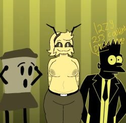 1girl 1girls 2025 2boys :3 :o :| animal animal_humanoid bartman bee bee_girl blendery_(colorbox_mustard) blush breasts breasts_out bweswees_bizznip chubby chubby_female colorbox_(mustard) english english_text fully_clothed fur furry half_naked humanoid incredibox_mod no_bra no_shirt object_shows shocked smile thick_thighs yellow_body yellow_fur