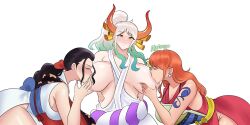 3girls big_breasts black_hair breast_sucking breasts closed_eyes female female_only horns huge_breasts long_hair multicolored_hair multiple_girls nami nico_robin nyabeyo onami one_piece orange_hair orobi post-timeskip shounen_jump sucking_nipples threesome wano_country white_hair yamato_(one_piece) yuri