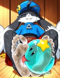 5_toes ai_generated closed_eyes dirty_feet foot_fetish foot_focus foot_lick foot_on_head, huepow klonoa klonoa_(series) looking_at_viewer looking_pleasured saliva soles wrinkled_feet