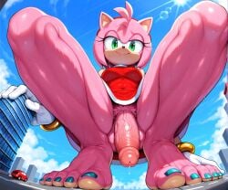 5_toes ai_generated amy_rose balls barefoot extreme_size_difference feet foot_fetish foot_focus foot_play futanari gynomorph hairy_balls low-angle_view macro penis precum pubes soles sonic_(series) sonic_the_hedgehog_(series) sweaty_feet toenail_polish toenails two_tone_feet upskirt wrinkled_feet