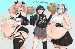 3girls anby_demara ass belle_(zenless_zone_zero) belly belly_button big_belly breasts chubby chubby_female cunning_hares exposed_fat_belly fat fat_female fat_girl fat_woman female female_focus female_only females hoyoverse light-skinned_female light_skin mihoyo mihoyo_technology_(shanghai)_co._ltd. nicole_demara noodles obese obese3 pink_hair pink_hair_female standing thighs trio trio_female trio_focus weight_gain weight_gain_female white_hair white_hair_female zenless_zone_zero