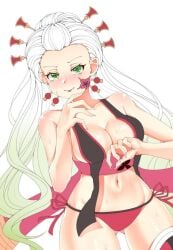 1ien ass_visible_through_thighs big_breasts blush cleavage daki_(kimetsu_no_yaiba) demon_girl demon_slayer facial_markings female female_only gradient_hair green_eyes hair_ornament kimetsu_no_yaiba lingerie long_fingernails long_hair looking_at_viewer medium_breasts navel obi panties side-tie_panties smile solo sweat thighhighs two_tone_hair unusual_pupils white_hair wide_hips