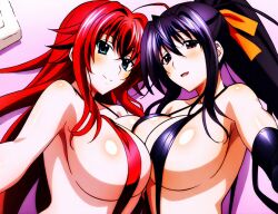 2girls ahoge ai_generated akeno_himejima antenna_hair big_breasts black_hair blush breasts_touching breasts_touching_each_other couple crimson_hair female_only fighting_ring hair_ribbon high_school_dxd lesbian light_skin orange_ribbon ponytail rias_gremory sky_blue_eyes smile very_long_hair violet_eyes voluptuous yuri