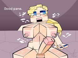 1futa alex_(minecraft) balls breasts classica_p erection female futanari huge_cock human light-skinned_futanari light_skin microsoft minecraft mojang nude penis sitting solo square_(anatomy) sweat