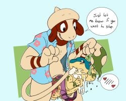 5:4 all_fours anal anal_sex animal_genitalia anthro blush bodily_fluids bottomless bottomless_male clothed clothing cock_transformation collar collared_shirt dialogue duo english_text floral_print flustered generation_2_pokemon genital_fluids genitals hat headgear headwear jake_(blazingpelt) knot knotting looking_back male male/male merging nintendo open_mouth paint penetration penile penile_penetration penis penis_in_ass penis_transformation pokemon pokemon_(species) precum precum_from_mouth quilava shirt shrinking size_transformation smeargle speech_bubble surprise tail tail_grab text tjthedragoon topwear tracy_(linker) transformation