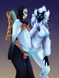 anthro athletic_female female_penetrated fluffy hips human human_on_anthro human_penetrating humanoid_genitalia jhin kindred lamb_(league_of_legends) league_of_legends male/female mask nipples nyansmiledog pussy pussy_juice wild_rift