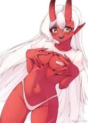 akumi artist_name blush breast_grab breasts colored_skin covering_breasts female grabbing grabbing_own_breast hair_between_eyes horns long_hair looking_at_viewer medium_breasts navel oni oni_horns panties pointy_ears red_skin self_fondle shirt signature simple_background smile solo thighhighs underwear virtual_youtuber vyugen