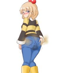 ass ass blonde_hair blue_eyes blush blush choujigen_game_neptune hand_on_butt jeans looking_at_viewer looking_back pants panty_poop panty_pooping peashy scat shitting_self soiling water_noodle yellow_shirt yellow_sweater