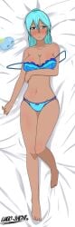 aqua_hair avergonzada blue_eyes blush breasts dakimakura looking_at_viewer loquendo panties