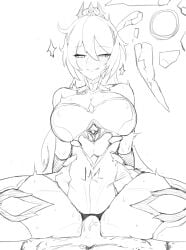 1boy 1girls blush closed_mouth clothed_sex cowgirl_position eyebrows_visible_through_hair honkai_impact_3rd kiana_kaslana kiana_kaslana_(herrscher_of_flamescion) large_breasts line_art long_hair sex shady_(pixiv_28991250) sketch smile smug tiara tongue uncolored vaginal_penetration woman_on_top