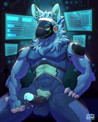 blue_fur buff claws cyborg jakx jakx833 male male_focus male_only monitor muscular offering precum presenting protogen smug visor