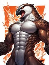 abs accipitriform ai_generated ai_slop_(low_quality_ai) anthro athletic athletic_anthro athletic_male avian beak biceps bird bodily_fluids feathers growth male muscle_growth muscular muscular_anthro muscular_male nude osprey pecs screaming solo standing sweat tail_feathers ten_pack_abs transformation triceps tuft veiny_biceps veiny_muscles