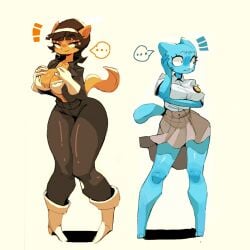 ... 2d 2d_(artwork) 2girls :3 anthro arm_under_breasts arms_over_chest black_pants blue_fur blue_skin boots brown_skirt felid felid_humanoid feline feline_humanoid furry furry_female furry_only kitty_katswell knees_together_feet_apart looking_away nickelodeon nicole_watterson orange_eyes orange_fur orange_skin sachsech205 simple_background skirt smug_face standing t.u.f.f._puppy the_amazing_world_of_gumball white_background white_boots white_bra white_sclera