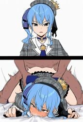 1boy 1girls 2025 2_panel_comic 2koma ahe_gao ahegao_face ass ass_out backshot backshots bare_butt bed bedroom_setting bedroom_sex before_and_after biting_sheets black_gloves blue_choker blue_hair blue_hair_female blue_hair_ribbon blush blush_lines blushing_female butt_out cfnm choker clothed_female_nude_male comic comic_panel crown december_(month) fingerless_gloves from_behind_sex fucked_from_behind hair_ribbons hat headwear highres holding_partner hololive hololive_gen_0 hololive_japan hoshimachi_suisei hoshimachi_suisei_(1st_costume) idol instant_loss instant_loss_2koma japanese_female looking_at_viewer nano00001 no_dialogue no_panties no_panties_under_skirt no_text nude_male_clothed_female on_bed open_mouth plaid plaid_clothing plaid_hat plaid_headwear plaid_skirt png sex sex_from_behind sex_on_bed side_ponytail star star_ornament straight straight_sex straight_to_the_point sweat virtual_youtuber vtuber white_background white_bed white_bed_sheet white_bedding youtuber_girl