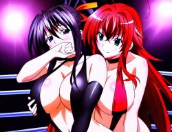 2girls ahoge ai_generated akeno_himejima antenna_hair big_breasts black_hair blush breast_grab breast_grab_from_behind couple covering_mouth crimson_hair curvy female_only fighting_ring hair_ribbon high_school_dxd lesbian light_skin orange_ribbon ponytail rias_gremory sky_blue_eyes smile very_long_hair violet_eyes voluptuous yuri