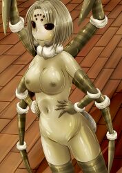 breasts dark_eyes expressionless female hair insect_girl insect_humanoid large_breasts monsterification navel nipples no_eyebrows pussy skin_color_change spider_girl thick_thighs transformation wide_hips