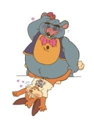 2025 anthro belly big_belly blush bodily_fluids bow_tie brown_body canid canine canis chuck_e_cheese chuck_e_cheese_(franchise) clothing cum domestic_dog duo ejaculation genital_fluids genitals hat headgear headwear heart_symbol hi_res male mammal mascot mature_male mouse murid murine open_mouth overweight overweight_male penis rodent shirt toon4toon topwear