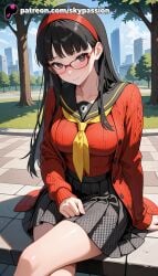 1girls 2025 ai_assisted ai_generated amagi_yukiko anime artist_name bangs bench black_hair blue_sky blush breast breasts breasts breasts building bush bust cardigan checkered checkered_floor chest cloud day explicit female glasses hairband hi_res high_quality high_resolution highres long_hair looking_at_viewer outdoors palm_tree park park_bench patreon patreon_username pavement persona persona_4 red-framed_eyewear road school_uniform serafuku sitting skirt sky skypassion solo stable_diffusion stairs street sweater tile_floor tiles tree watermark
