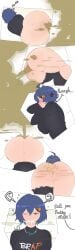 ass ass_bigger_than_head ass_focus ass_up belle_(zenless_zone_zero) black_shirt blue blue_hair fart fart_cloud fart_fetish farting female female_focus female_only green_eyes hoyoverse laying laying_down laying_on_bed laying_on_side nasponarpi pantless sleeping sleeping_nude text text_on_clothing text_on_shirt text_on_topwear tired tired_expression tired_eyes tired_look zenless_zone_zero