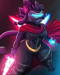 anthro black_body black_fur breasts cape clairen_(rivals_of_aether) clothing felid female fur hi_res high-angle_view mammal melee_weapon pantherine pink_nose rivals_of_aether solo sword tail thick_thighs visor weapon zerrymon