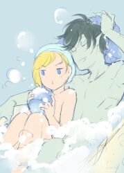 1boy 1girls 2015 adventure_time anime_style bathing bathing_together between_legs blushing cartoon_network closed_eyes covered_breasts duo eyebrows_visible_through_hair fangcovenly fangs fionna_the_human_girl foam long_hair looking_at_another lowres marshall_lee mouth_hold nude nude_female nude_male open_mouth pout pouting relaxed sitting_on_lap thighs towel_on_head vampire wholesome wholesome_nudity