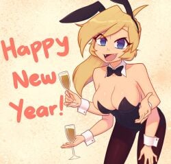 4_arms blonde_hair blue_eyes bowtie brown_pantyhose bunny_ears bunny_suit champagne cup drink fangs glass_cup happy_new_year large_breasts leaning_over long_hair looking_at_viewer multi_arm multi_limb nelly pantyhose peace_sign xyroni