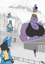 absurd_res animal_genitalia animal_humanoid animal_penis anthro balls big_breasts bra breasts canid canine canine_genitalia canine_penis clothing duo female female_machoke freckles_(artist) generation_1_pokemon generation_4_pokemon genitals hi_res humanoid larger_female lucario machoke male mammal muscular muscular_female nintendo penis pokemon pokemon_(species) size_difference thick_thighs underwear