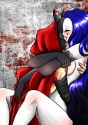 1futa 1girls alternate_version_at_source bandage bandaged_arm blood blood_stain blue_hair breasts embracing female futa_on_female futanari hood hoodie humanoid implied_futanari knight_of_despair lcmanro leg_lock legs_wrapped_around_partner licking_neck little_red_riding_hooded_mercenary lobotomy_corporation long_hair mask nude pale-skinned_female passionate project_moon purple_hair simple_background sweat sweatdrop tagme tongue tongue_out white_skin yuri