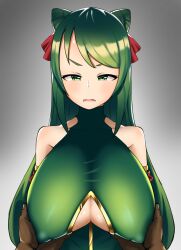 absurdres bare_shoulders breasts cestina_(grand_summoners) cleavage_cutout clothing_cutout covered_nipples female grabbing grabbing_another's_breast grand_summoners green_eyes green_hair highres long_hair puppuppa