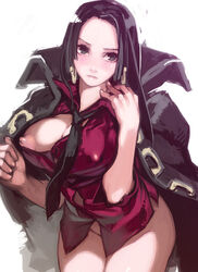 1girls black_eyes black_hair blush boa_hancock bottomless breasts coat earrings erect_nipples female female_only jewelry large_breasts long_hair monkey_d_luffy_(cosplay) necktie nipple_slip nipples omegaboost one_piece one_piece_film_strong_world puffy_nipples sketch solo white_background