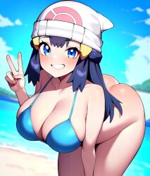 1girls ai_generated ass beach beach_background big_ass big_breasts big_butt bikini bikini_top blue_hair blush blushing_at_partner blushing_at_viewer blushing_profusely breasts curvy curvy_female curvy_figure curvy_hips dawn_(pokemon) female female_focus female_only grinning grinning_at_viewer hat huge_breasts peace_sign pokemon pokemon_dppt smile smiling_at_partner smiling_at_viewer solo_female stable_diffusion thedawn_hikari wide_hips wide_thighs