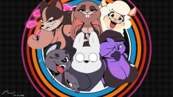 1boy 2023 5girls beat_banger bird brown_fur cathy_smith dawna_mabel dog elaine_claire fangs fangs_bared furry gale_shinpen huge_breasts komdog komponi large_breasts one_eye_covered open_mouth rabbit red_eyes sheep smile tail tanuki zoe_monroe