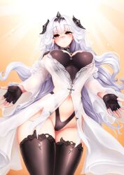 1girls azur_lane barbariank belly_button blush breasts clothed clothing eyebrows_visible_through_hair female female_only fingerless_gloves fully_clothed gloves hair_ornament hug_invitation huge_breasts light light-skinned_female light_skin looking_at_viewer marseillaise_(azur_lane) nipple_bulge nose_blush red_eyes revealing_clothes smile solo stockings tiara vichya_dominion_(azur_lane) wanting_hug welcoming white_hair