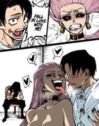 1boy 2girls before_and_after belt_choker burn_scar clenched_teeth clothed_male colored command cuck_chair cuckquean defeated defeated_villainess dingotoad earrings french_kiss french_kissing hands_on_face heart heart-shaped_pupils instant_loss jujutsu_kaisen kissing meme mind_control muscular_female netorare ntr nude_female pink_hair scar short_hair smiling speech_bubble spit_trail time_skip tongue_kiss tongue_out uro_takako voyeur voyeurism watching yuta_okkotsu zenin_maki