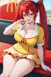 ai_generated female_only genderswap_(mtf) large_breasts mcdonald's pornsword.io pornwaifu.ai ronald_mcdonald rule_63 sitting striped_panties