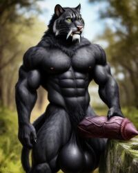 1boy ai_generated anthro felid feline feline_genitalia feline_humanoid feline_penis huge_balls huge_cock muscles muscular muscular_anthro sabertooth