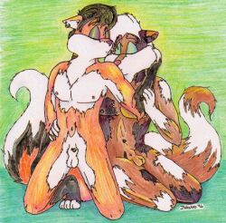 1990s 1996 20th_century 2boys anthro canid canine closed_eyes couple eyes_closed fox furry gay genitals hand_on_arm hand_on_cheek hand_on_hip jessica_willard lupine male male/male male_focus male_only multicolored_body multicolored_fur naked naked_male nipples nude nude_male nudity piercings romantic romantic_couple sheath tail testicles vulpine wolf yaoi