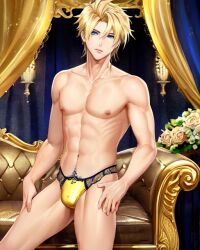 ai_generated blonde_hair blue_eyes gold_(metal) luxury original_character rich roses solo_male