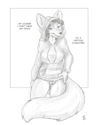 2024 anthro bedroom_eyes bottomless breasts canid canine claws clothed clothing dialogue dipstick_tail english_text female flinters fox fur genitals greyscale hair hi_res hoodie hoodie_only mammal markings monochrome narrowed_eyes pussy seductive solo tail tail_markings text topwear topwear_only